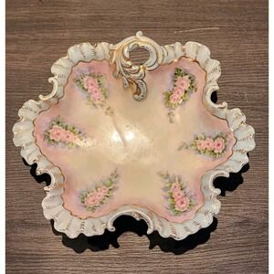 Scalloped Leaf Pattern Candy Jewelry  Trinket Dish W/White & Gold Accenting Trim